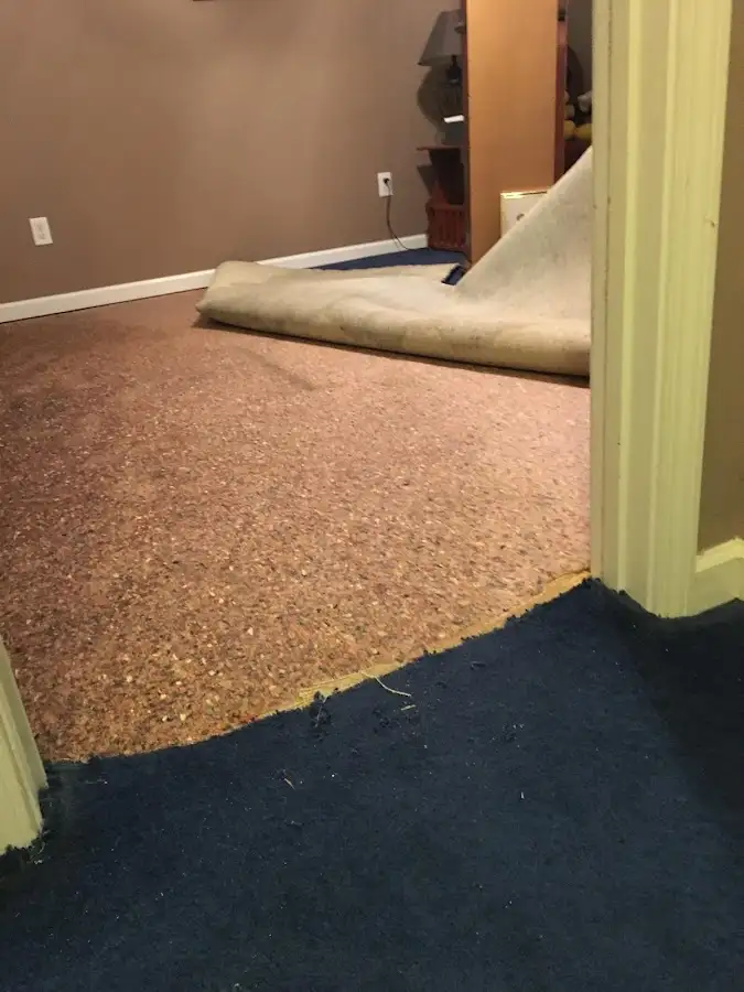 Carpet pad removal revealing water damage during Drying & Dehumidification in Druid Hills